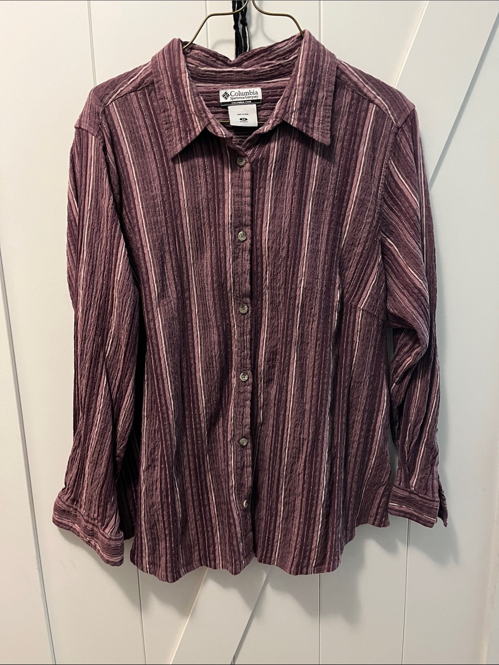Columbia Maroon and Light Stripe Long-Sleeve Button Shirt